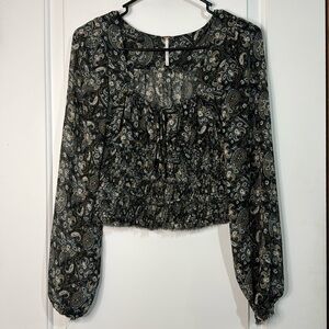 Free People Santiago Bohemian Sheer Paisley Long Frayed Sleeve Blouse XS Women